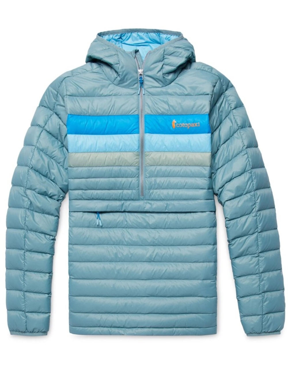 COTOPAXI Fuego Women's sz L hooded down pullover Bluegrass Stripes lightweight